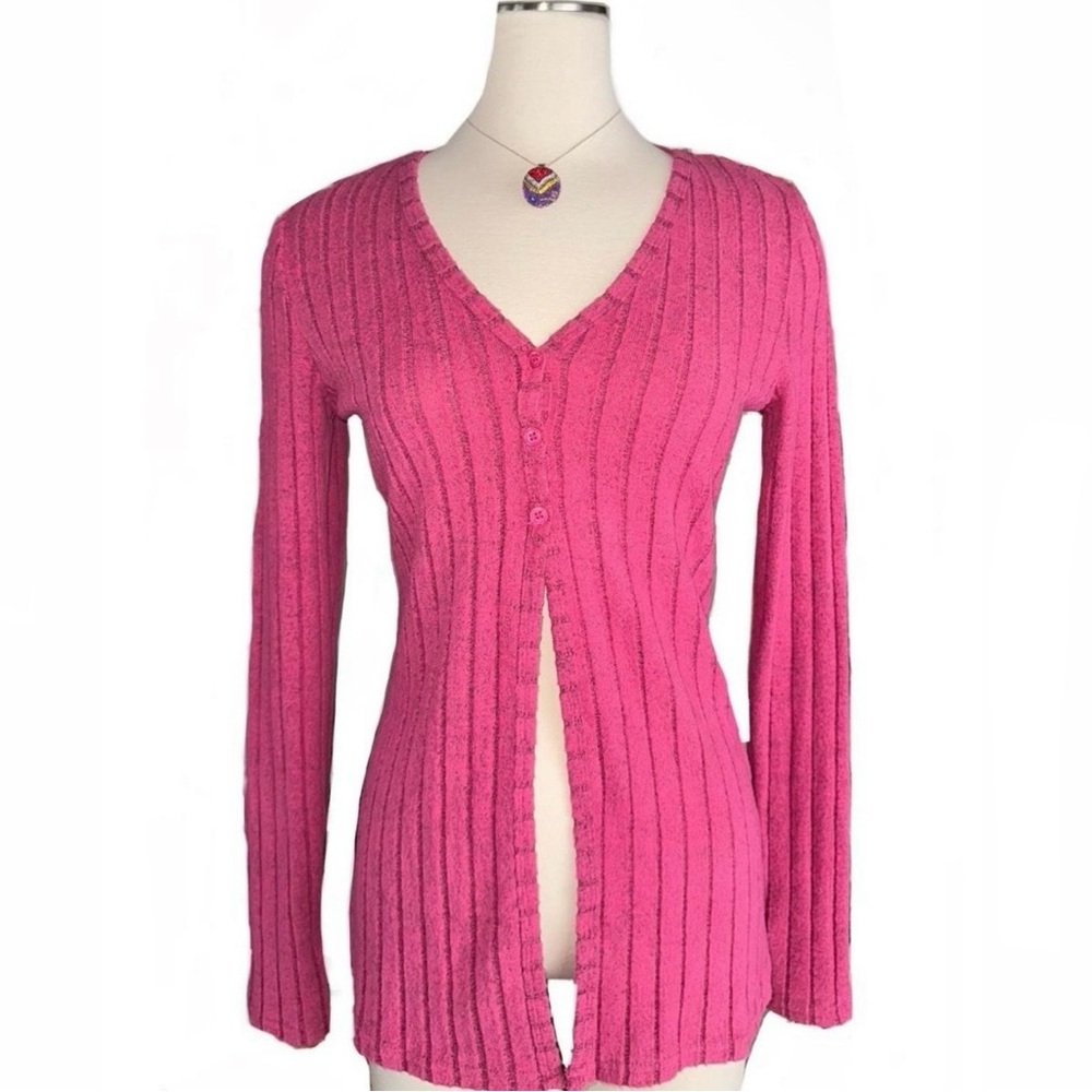 Pink Ribbed Cardigan Y2K Knit Sweater Soft Girl Coquette Aesthetic Shein Size M
